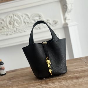 Hermès Picotin 18cm Replica - Perfecte 1:1 Kwaliteit Zwart Met Goud 1156795945 - front view | Hermès